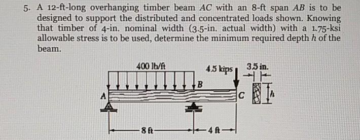 5 A 12 Ft Long Overhanging Timber Beam Ac With An 8 Ft Span Ab Is To Be Designed To Support The Distributed And Concent 1