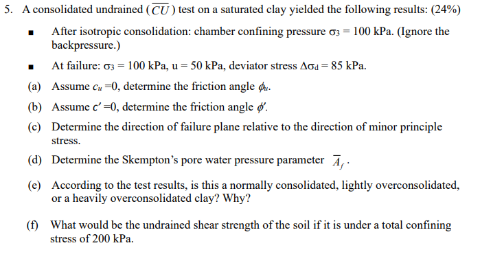5 A Consolidated Undrained Cu Test On A Saturated Clay Yielded The Following Results 24 After Isotropic Consolida 1