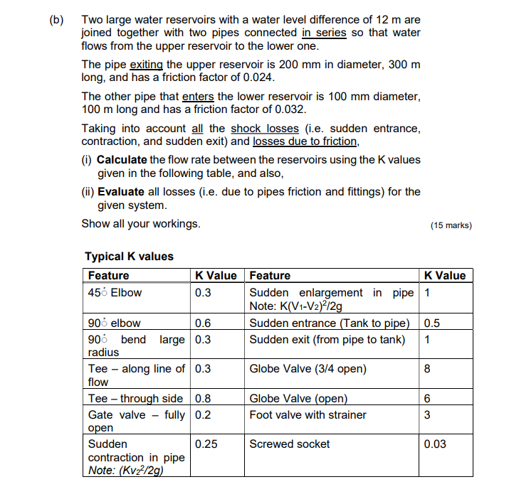 B Two Large Water Reservoirs With A Water Level Difference Of 12 M Are Joined Together With Two Pipes Connected In Ser 1