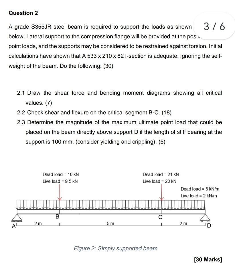 Question 2 A Grade S355jr Steel Beam Is Required To Support The Loads As Shown 3 6 Below Lateral Support To The Compres 1