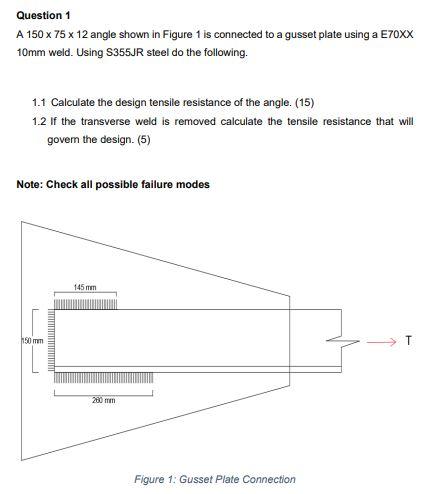 Question 1 A 150 X 75 X 12 Angle Shown In Figure 1 Is Connected To A Gusset Plate Using A E70xx 10mm Weld Using S355jr 1