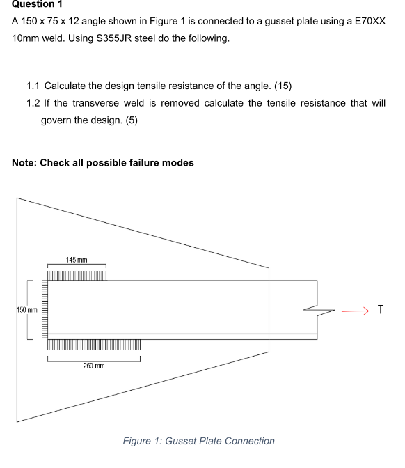 Question 1 A 150 X 75 X 12 Angle Shown In Figure 1 Is Connected To A Gusset Plate Using A E70xx 10mm Weld Using S355jr 1