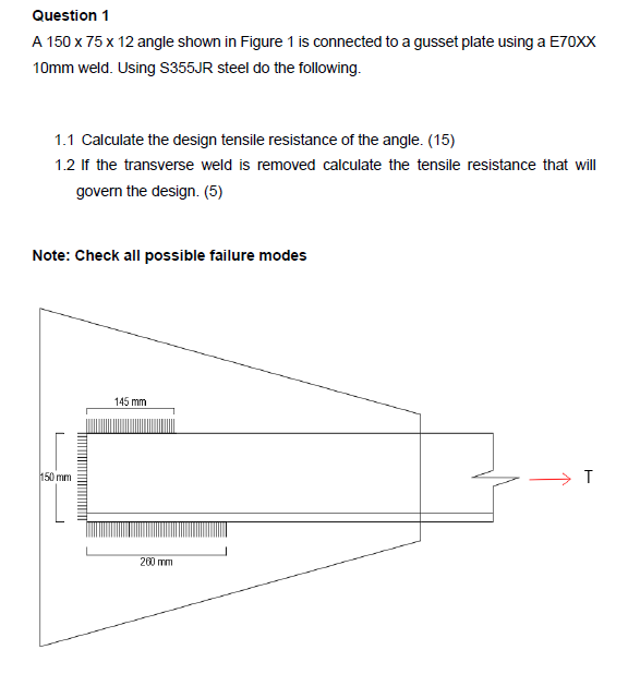 Question 1 A 150 X 75 X 12 Angle Shown In Figure 1 Is Connected To A Gusset Plate Using A E70xx 10mm Weld Using S355jr 1