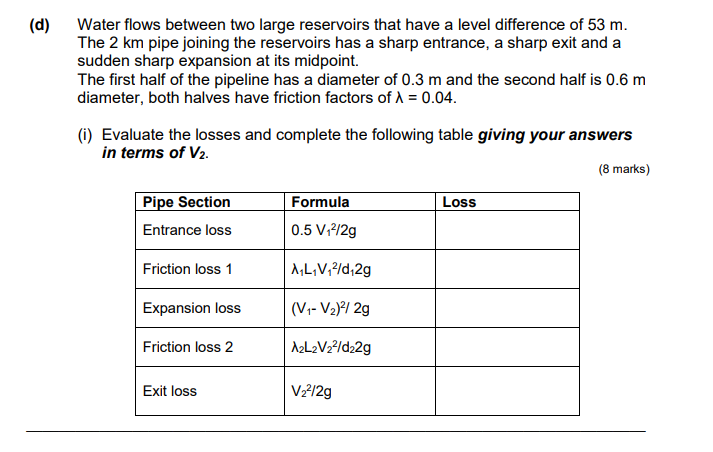 D Water Flows Between Two Large Reservoirs That Have A Level Difference Of 53 M The 2 Km Pipe Joining The Reservoirs 1