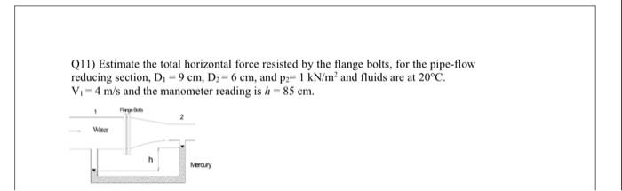 Q11 Estimate The Total Horizontal Force Resisted By The Flange Bolts For The Pipe Flow Reducing Section D 9 Cm D 1