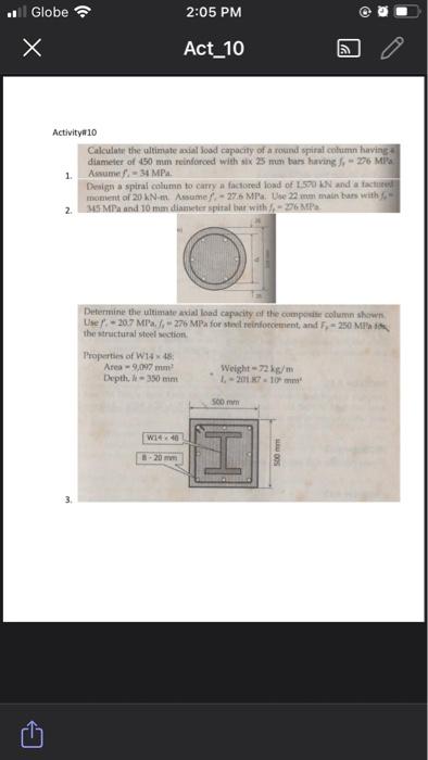 Globe X 2 05 Pm Act 10 Activity 10 Calculate The Ultimate Axial Load Capacity Of A Round Spiral Column Having Diameter O 1