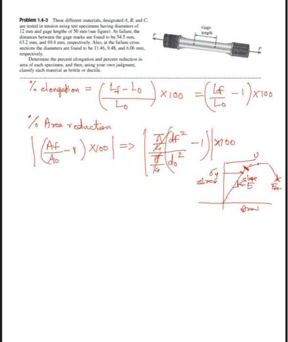Problem 1 4 3 Three Different Materials Designated A B And C Are Tested In Tension Using Test Specimens Having Diame 1