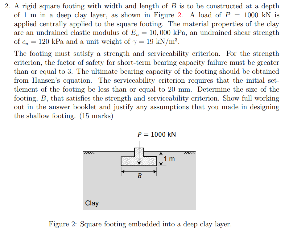 2 A Rigid Square Footing With Width And Length Of B Is To Be Constructed At A Depth Of 1 M In A Deep Clay Layer As Sho 1