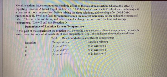 Metallic Cations Have A Pronounced Catalytic Effect On The Rate Of This Reaction Observe This Effect By Repeating React 1