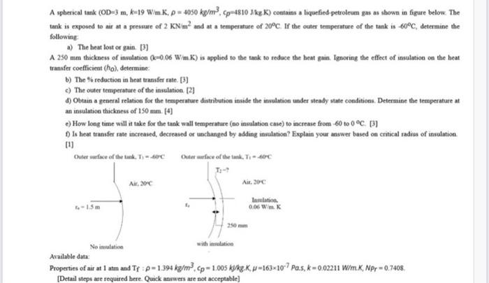A Spherical Tank Od 3 M K 19 W Mk P 4050 Kg M Cp 4810 J Kg K Contains A Liquefied Petroleum Gas As Shown In Figure 1