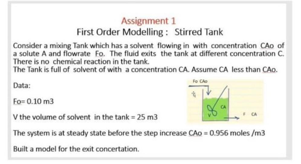 Assignment 1 First Order Modelling Stirred Tank Consider A Mixing Tank Which Has A Solvent Flowing In With Concentratio 1