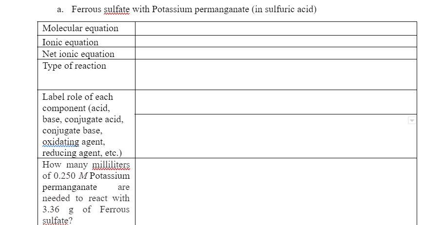 A Ferrous Sulfate With Potassium Permanganate In Sulfuric Acid Molecular Equation Ionic Equation Net Ionic Equation T 1