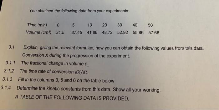 You Obtained The Following Data From Your Experiments Time Min 0 5 10 20 30 40 50 Volume Cm 31 5 37 45 41 86 48 72 1