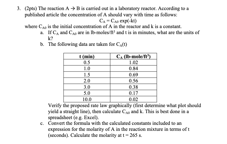 3 2pts The Reaction A B Is Carried Out In A Laboratory Reactor According To A Published Article The Concentration 1