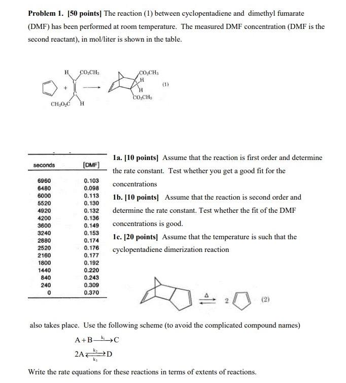 Problem 1 50 Points The Reaction 1 Between Cyclopentadiene And Dimethyl Fumarate Dmf Has Been Performed At Room T 1