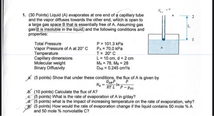Co 1 30 Points Liquid A Evaporates At One End Of A Capillary Tube And The Vapor Diffuses Towards The Other End Whi 1
