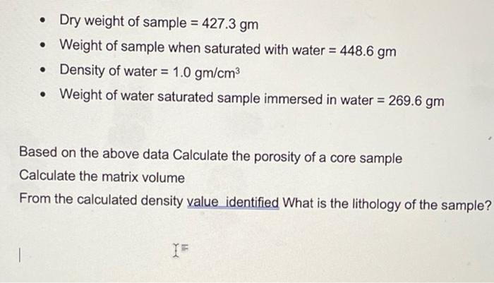 Dry Weight Of Sample 427 3 Gm Weight Of Sample When Saturated With Water 448 6 Gm Density Of Water 1 0 Gm Cm 1