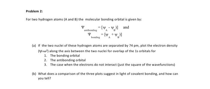 Problem 2 For Two Hydrogen Atoms A And B The Molecular Bonding Orbital Is Given By And Y Antibonding Y A V W Bond 1