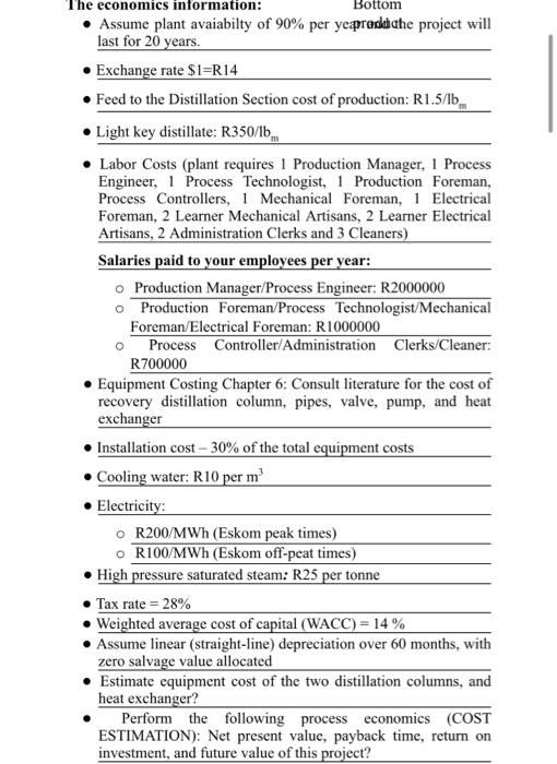 The Economics Information Bottom Assume Plant Avaiabilty Of 90 Per Yearaddahe Project Will Last For 20 Years Exchan 1