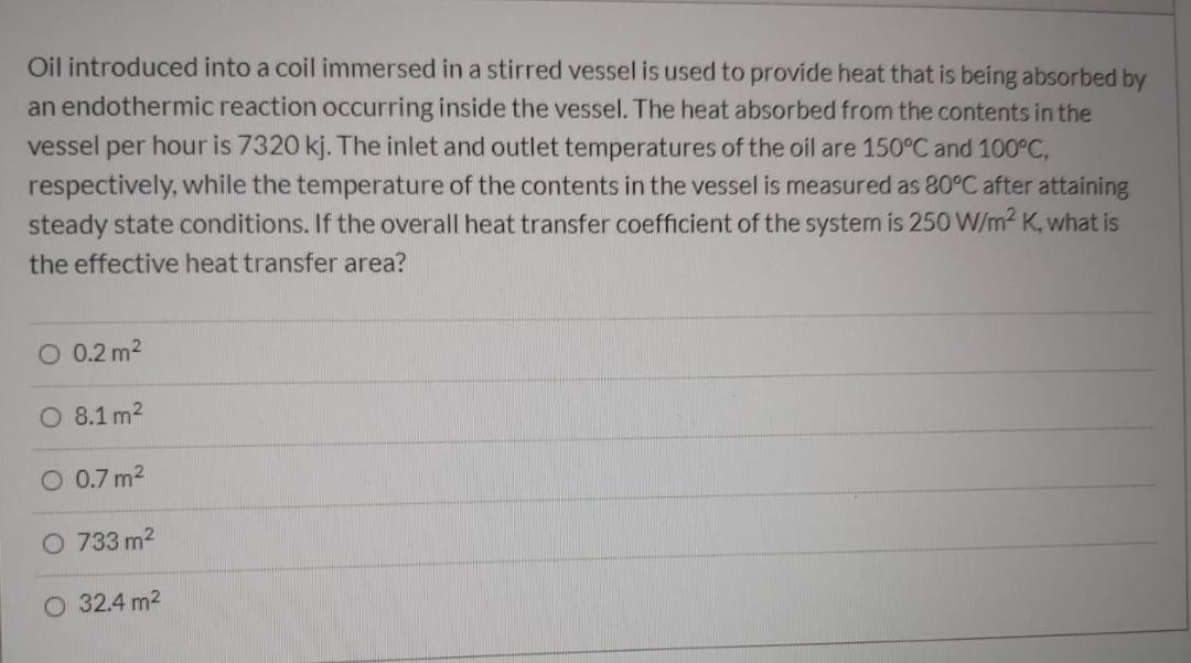 Oil Introduced Into A Coil Immersed In A Stirred Vessel Is Used To Provide Heat That Is Being Absorbed By An Endothermic 1