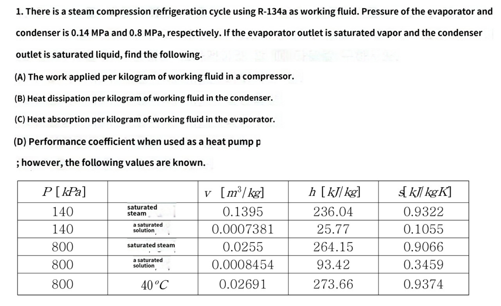 1 There Is A Steam Compression Refrigeration Cycle Using R 134a As Working Fluid Pressure Of The Evaporator And Conden 1