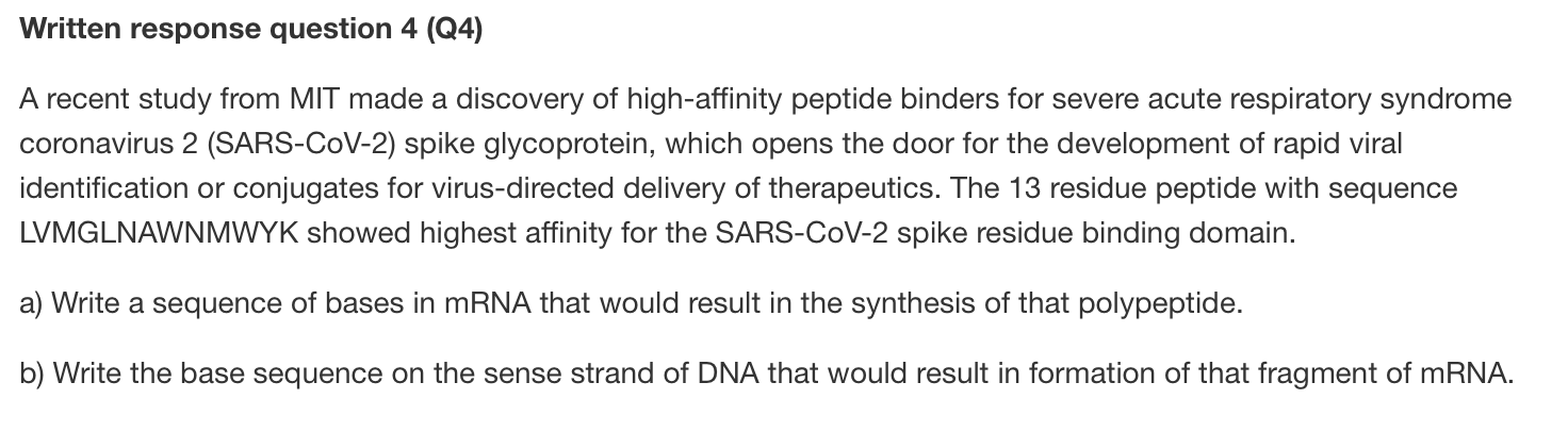 Written Response Question 4 Q4 A Recent Study From Mit Made A Discovery Of High Affinity Peptide Binders For Severe Ac 1