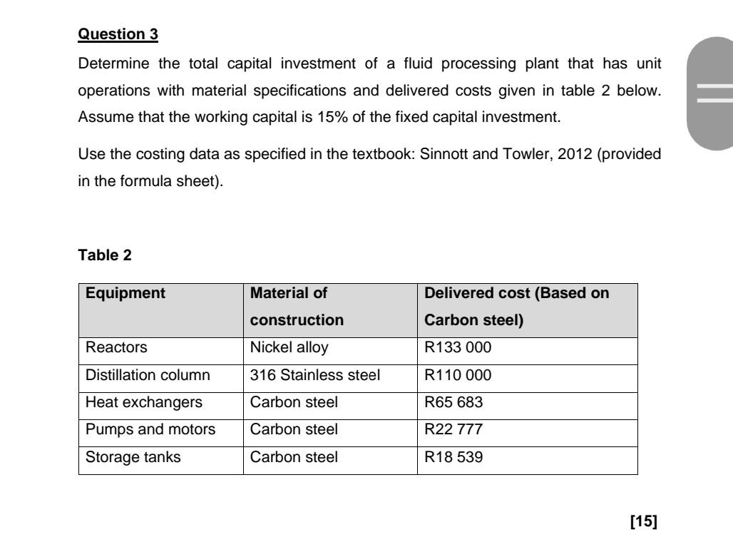 Question 3 Determine The Total Capital Investment Of A Fluid Processing Plant That Has Unit Operations With Material Spe 1