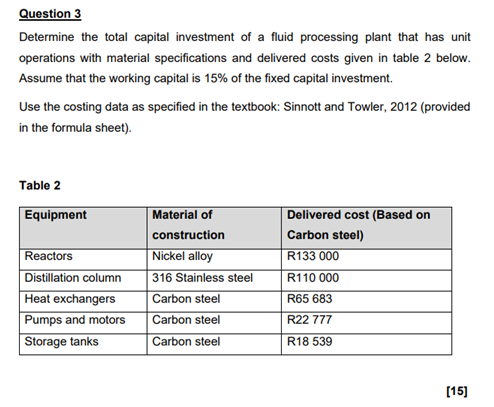 Question 3 Determine The Total Capital Investment Of A Fluid Processing Plant That Has Unit Operations With Material Spe 1