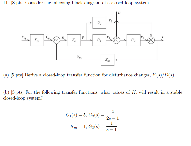 11 8 Pts Consider The Following Block Diagram Of A Closed Loop System Y G Y E P Sp Km Ke G G3 Peny Ym Km A 5 P 1