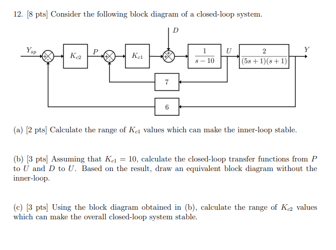12 8 Pts Consider The Following Block Diagram Of A Closed Loop System Ysp U Ke2 Kel 2 58 1 8 1 8 10 7 6 A 2 P 1