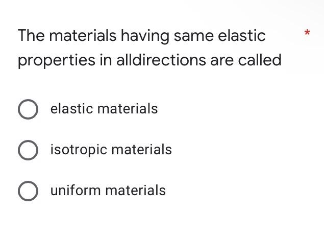 The Materials Having Same Elastic Properties In Alldirections Are Called O Elastic Materials O Isotropic Materials O Uni 1