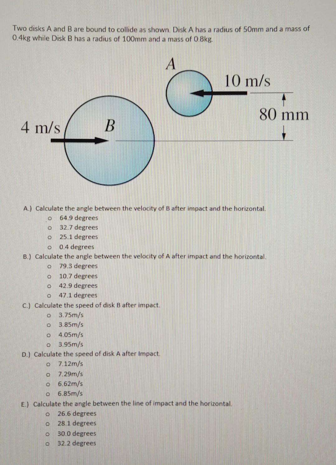 Two Disks A And B Are Bound To Collide As Shown Disk A Has A Radius Of 50mm And A Mass Of 0 4kg While Disk B Has A Radi 1