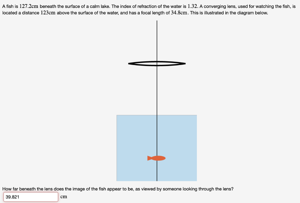 A Fish Is 127 2cm Beneath The Surface Of A Calm Lake The Index Of Refraction Of The Water Is 1 32 A Converging Lens U 1