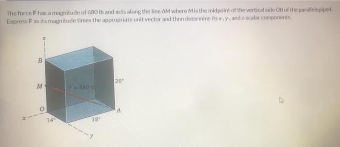 The Force F Has A Magnitude Of 680 Lb And Acts Along The Line Am Where M Is The Midpoint Of The Vertical Side Ob Of The 1