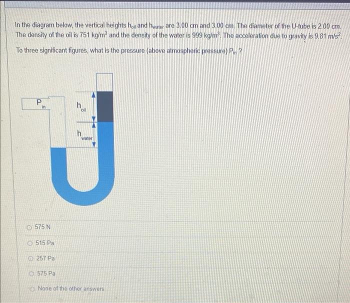 In The Diagram Below The Vertical Heights Hoi And Hwater Are 3 00 Cm And 3 00 Cm The Diameter Of The U Tube Is 2 00 Cm 1