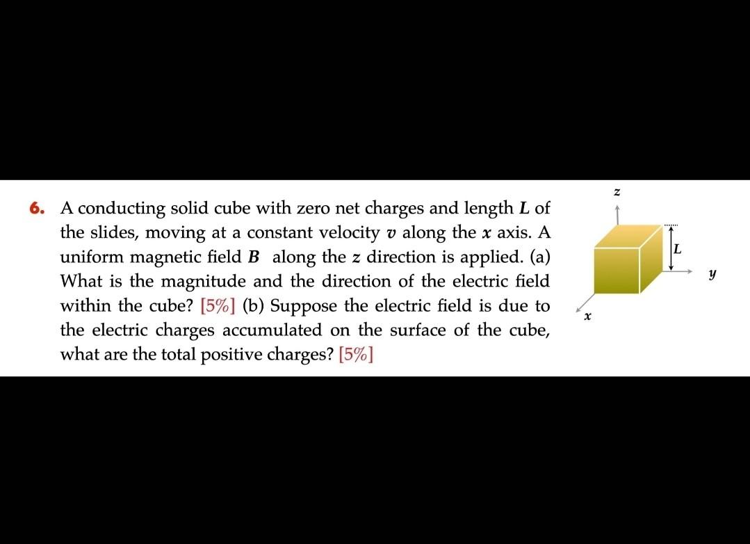 6 A Conducting Solid Cube With Zero Net Charges And Length L Of The Slides Moving At A Constant Velocity V Along The X 1