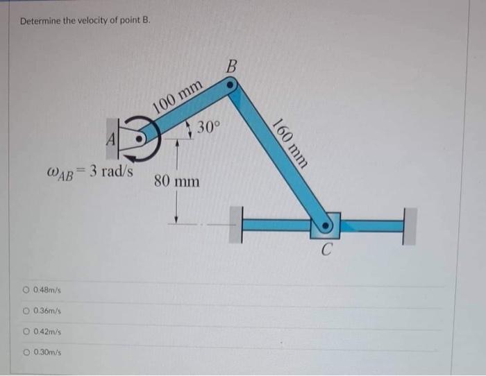 Determine The Velocity Of Point B Wab 3 Rad S O 0 48m S 0 36m S O 0 42m S O 0 30m S 100 Mm 30 80 Mm B 160 Mm C Determ 1