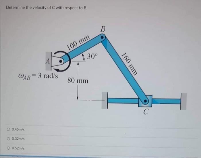 Determine The Velocity Of Point B Wab 3 Rad S O 0 48m S 0 36m S O 0 42m S O 0 30m S 100 Mm 30 80 Mm B 160 Mm C Determ 4