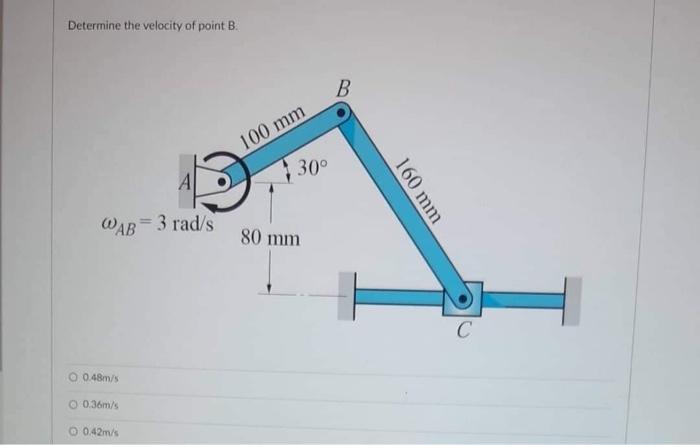 Determine The Velocity Of Point B Wab 3 Rad S O 0 48m S 0 36m S O 0 42m S O 0 30m S 100 Mm 30 80 Mm B 160 Mm C Determ 6