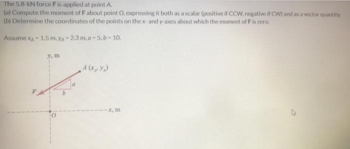 The 5 8 Kn Force F Is Applied At Point A A Compute The Moment Of F About Point O Expressing It Both As A Scalar Pos 1