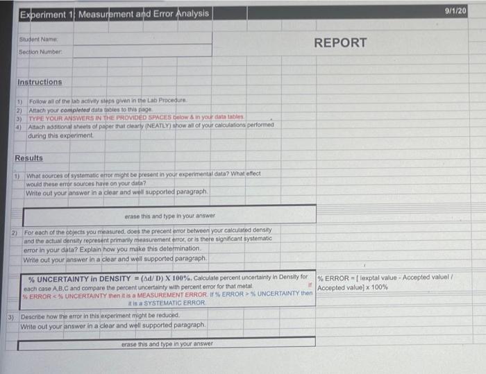 9 1 20 Report Experiment 1 Measurement And Error Analysis Student Name Section Number Instructions 1 Follow All Of The 1