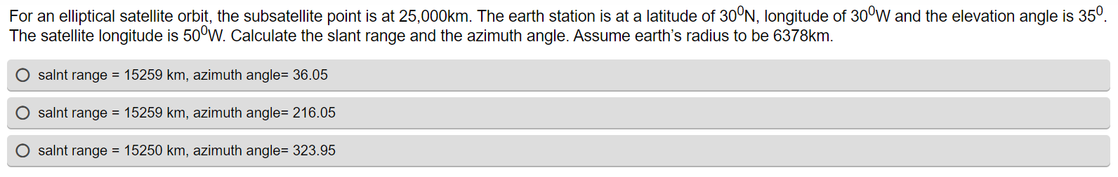 For An Elliptical Satellite Orbit The Subsatellite Point Is At 25 000km The Earth Station Is At A Latitude Of 30 N Lo 1
