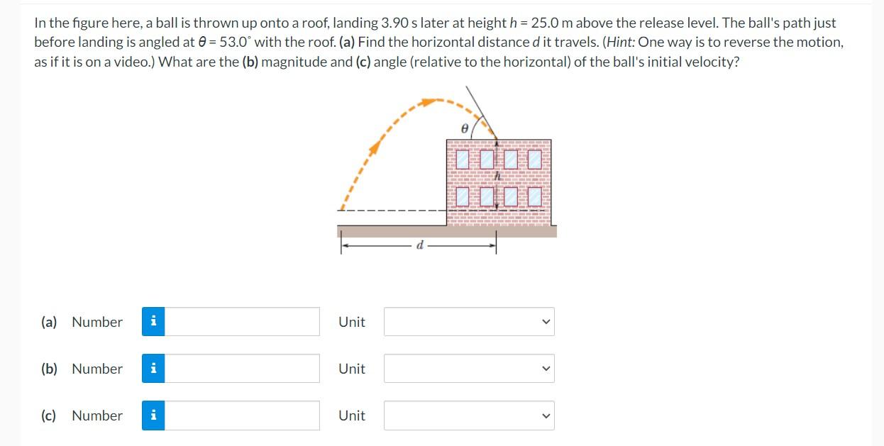 In The Figure Here A Ball Is Thrown Up Onto A Roof Landing 3 90 S Later At Height H 25 0 M Above The Release Level 1