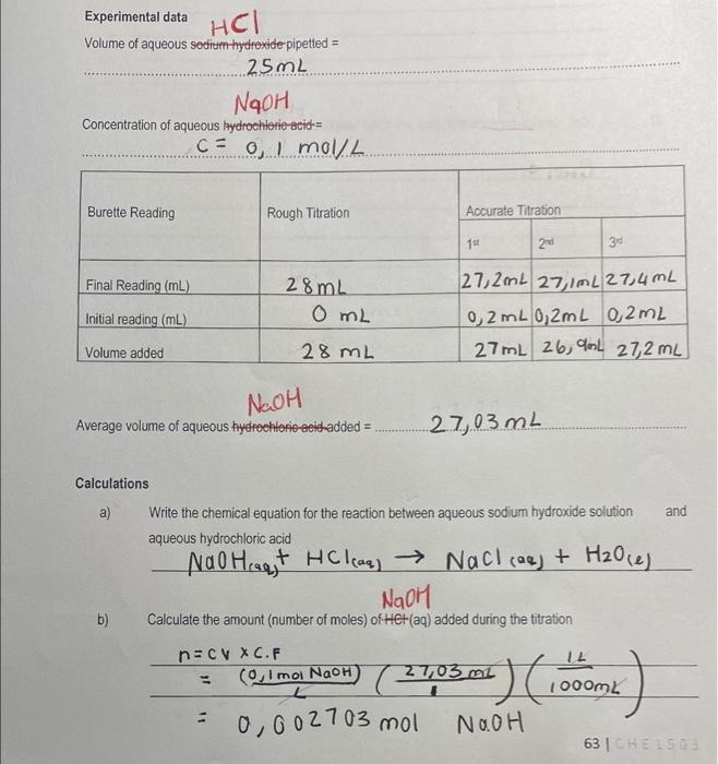 Hcl Experimental Data Volume Of Aqueous Sodium Hydroxide Pipetted 25 Ml Naoh Concentration Of Aqueous Hydrochl 1