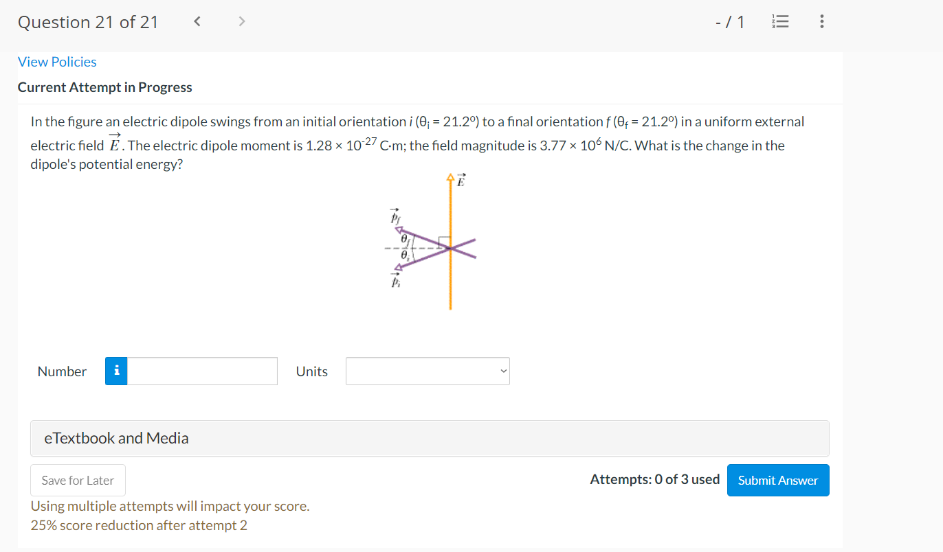 Question 21 Of 21 1 View Policies Current Attempt In Progress In The Figure An Electric Dipole Swings From A 1
