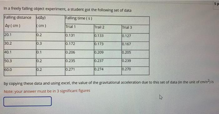 5 P In A Freely Falling Object Experiment A Student Got The Following Set Of Data Falling Distance U Ay Falling Time 1