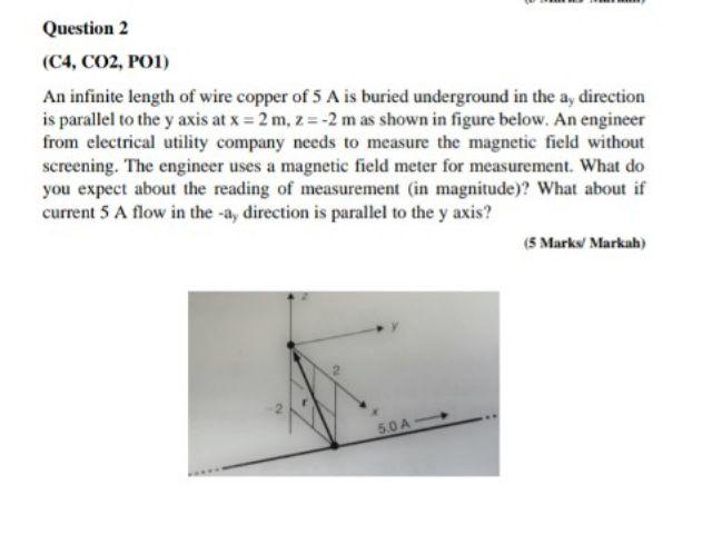 Question 2 C4 Co2 Po1 An Infinite Length Of Wire Copper Of 5 A Is Buried Underground In The Ay Direction Is Parallel 1