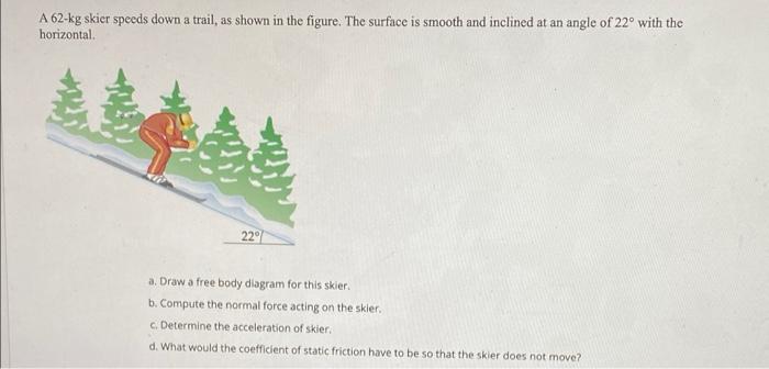 A 62 Kg Skier Speeds Down A Trail As Shown In The Figure The Surface Is Smooth And Inclined At An Angle Of 22 With Th 1