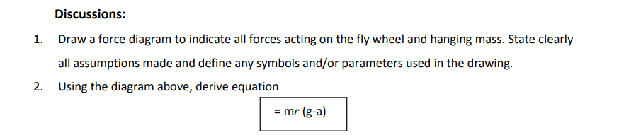 Discussions 1 Draw A Force Diagram To Indicate All Forces Acting On The Fly Wheel And Hanging Mass State Clearly All 1
