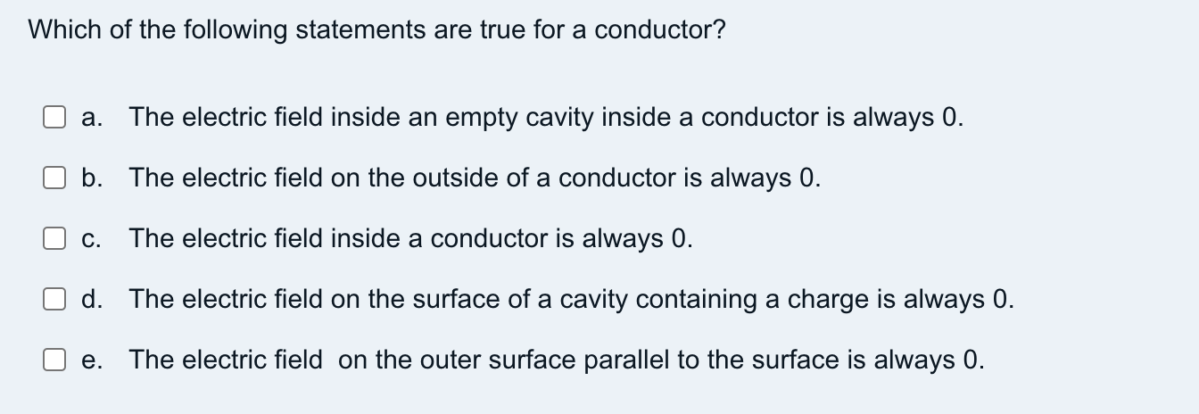 Which Of The Following Statements Are True For A Conductor A The Electric Field Inside An Empty Cavity Inside A Conduc 1